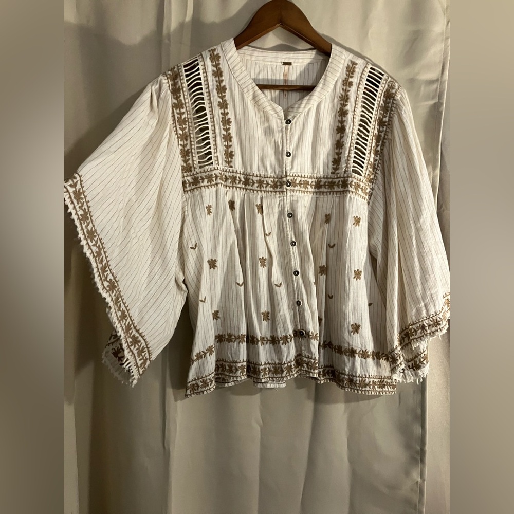 Free People BoHo Embroidered White and Mocha Women's Cotton Top